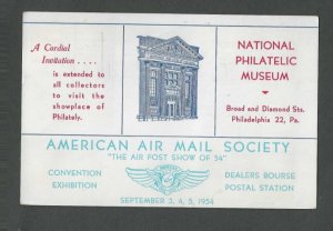 1954 Post Card Phila Pa American Air Mail Society Exhibition W/Pan Am Label----