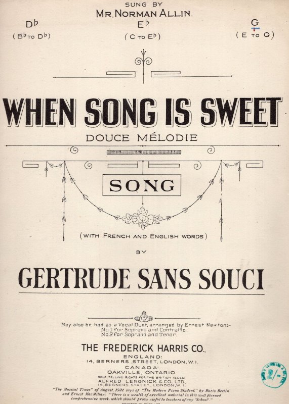 When Song Is Sweet Gertrude Sans Souci Olde Sheet Music