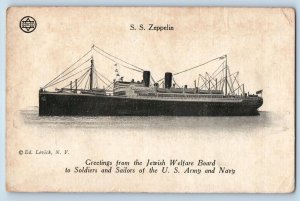 c1910's SS Zeppelin Greetings From Jewish Welfare Board To US Army Navy Postcard