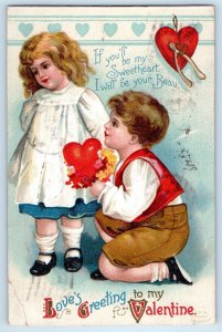 1910 Valentine Children Boy Kneeling With Heart And Flowers Wishbone Postcard