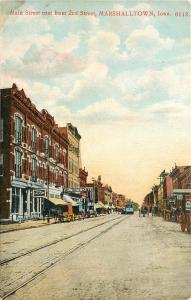 Vintage Postcard Main Street Scene Marshalltown IA Marshall County Trolley