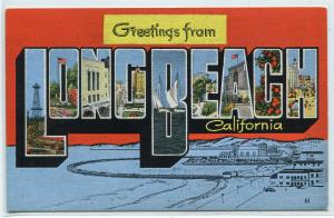 Greetings From Long Beach California Large Letter Linen postcard