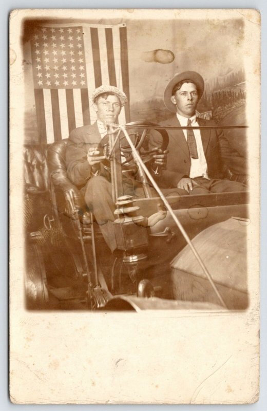 RPPC Patriotic Gents Ride in c1912 Auto~Studio Prop~48-Star Flag~Driver Smokes 