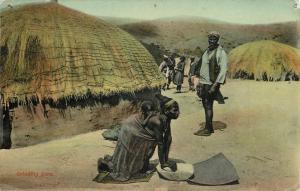 Postcard African Villiagers Grass Huts Grinding Corn Published South Africa
