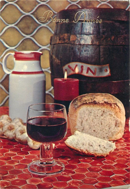 Postcard Gastronomy food french wine and bread Bonne Annee