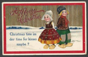 POST CARD  VINTAGE XMAS GREETING W/CHILDREN CELLULOID EMBOSSED POSTED