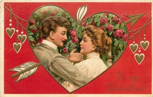 Embossed Valentine Postcard PFB 8096 Loving Couple in Rose Garden Heart Vignette