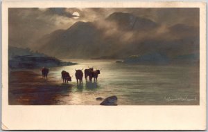 Loch Lomond & Ben Lomond Scotland Moonlight Animal Painting Postcard