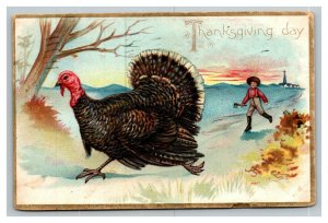 Vintage 1908 Raphael Tuck Thanksgiving Postcard Boy Chasing Turkey with Axe