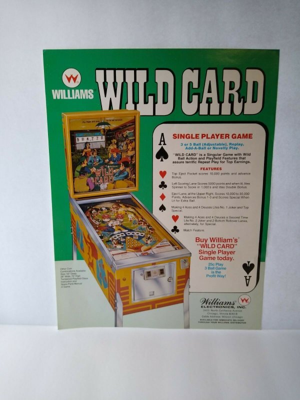 Wild Card Pinball Machine Flyer Vintage 1977 Original 8.5 x 11 Retro Game Art