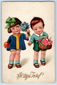 Czech Republic Postcard Cute Little Kids With Flowers c1910's Posted Antique