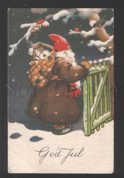 120622 Brown-Robed SANTA CLAUS w/ Toys GIFTS Vintage PC