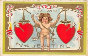 H53/ Valentine's Day Love Holiday Postcard c1910 2Gold-Lined Hearts Cupid 7