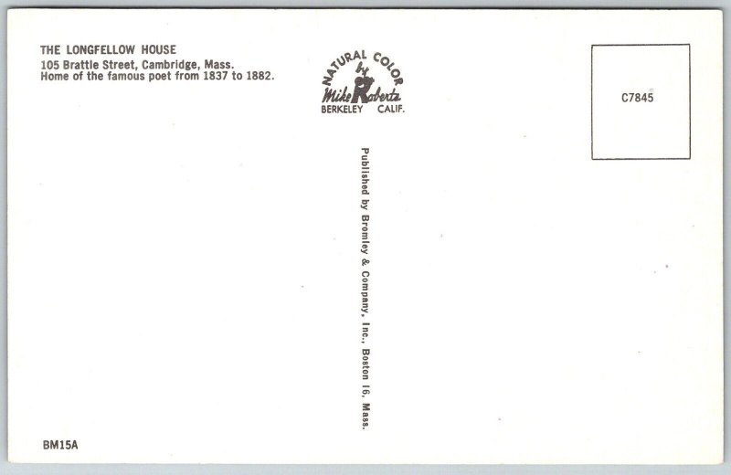 Cambridge Massachusetts 1960s Postcard Longfellow House