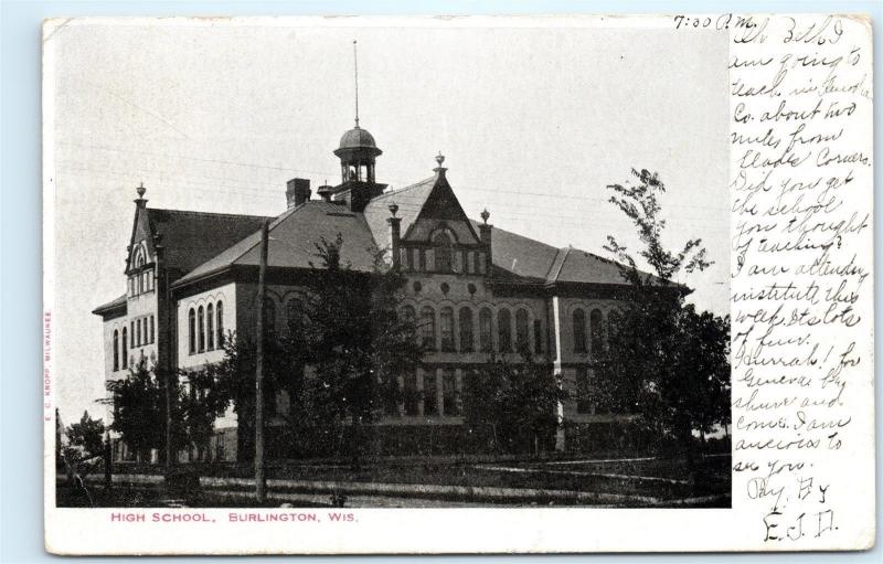 1905 High School Building Burlington Wisconsin old Vintage Postcard A82