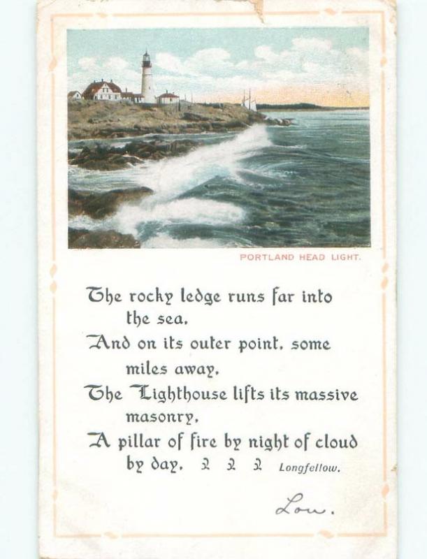 Divided-Back LONGFELLOW POEM WITH LIGHTHOUSE SCENE Portland Maine ME F0001