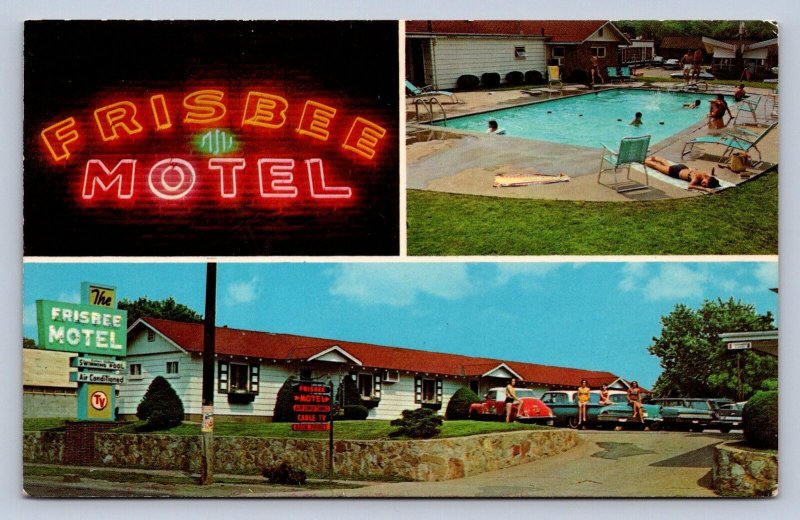 J97/ Cambridge Ohio Postcard Chrome Frisbee Motel Sign Pool 3View 369