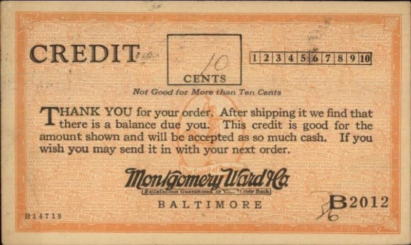 Baltimore MD Montgomery Ward & Co 10cent Credit Postcard 1928