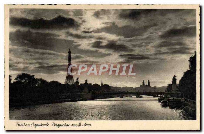 Old Postcard Paris night Perspective on the Seine Eiffel Tower