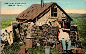 Postcard MB Farmstead Man Shaving an Acquaintance in Western Canada ~1910 S104