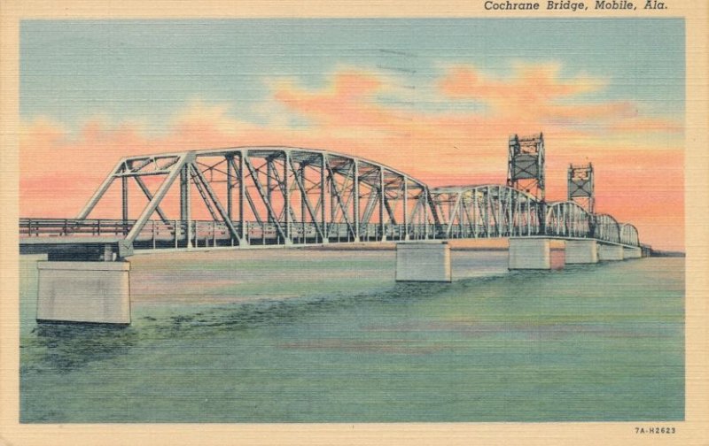 Mobile AL, Alabama - Cochrane Lift Bridge at Mobile Bay - pm 1946 - Linen
