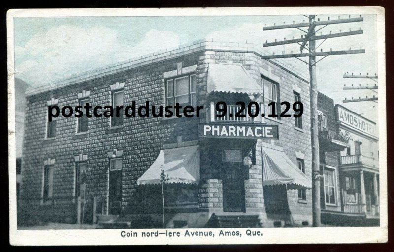 h5104 - AMOS Quebec Postcard 1938 Coin Nord- Lere Avenue Pharmacie Drug Store