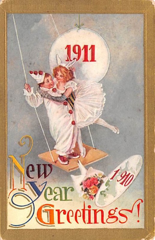 New Years Post Card 1911 New Year Greetings Clown Writing on Back