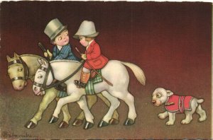 PC E. COLOMBO, ARTIST SIGNED, KIDS WITH HORSES AND DOG, Vintage Postcard(b38717) 