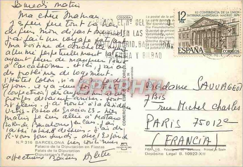 Postcard Modern Barcelona Palace of the Diputaci�n