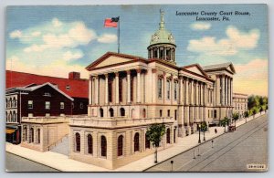 Lancaster Pennsylvania~County Courthouse St View~Dome~Statue~Flag~Linen Postcard