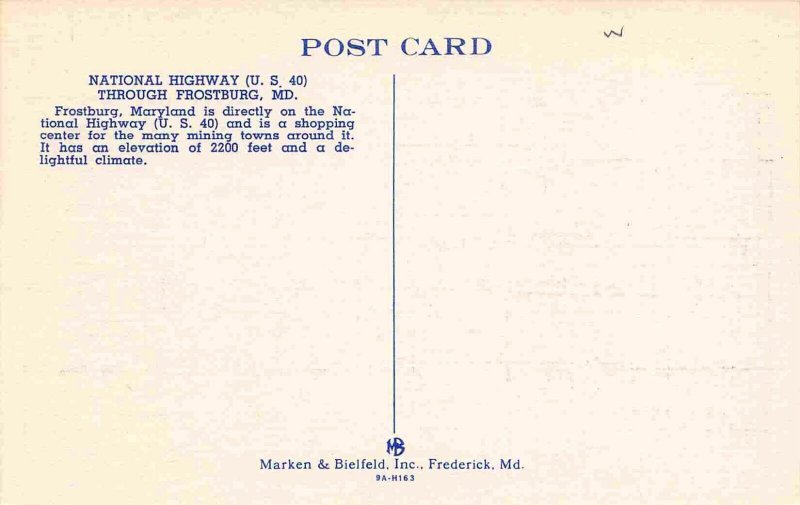 National Highway US 40 Through Frostburg Maryland 1940s linen postcard