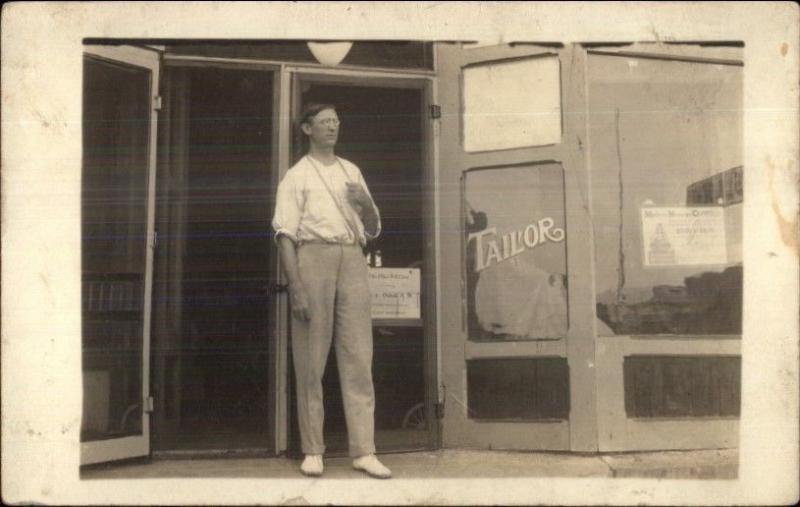 Tailor Shop - Tailor w/ Measuring Tape Eyeglasses Storefront c1910 RPPC