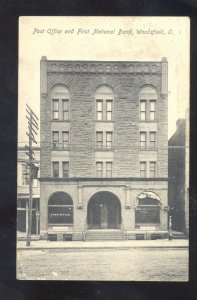 WOODSFIELD OHIO FIRST NATIONAL BANK POST OFFICE VINTAGE POSTCARD