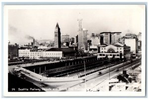 Seattle WA Postcard RPPC Photo Seattle Railway Depot South End Business District