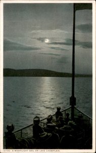 Lake Champlain NY ? VT? Moonlit Sail c1900-20s Vintage Postcard