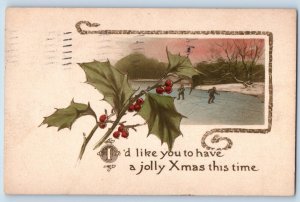 Gibson Postcard Christmas Holly Berries People Ice Skating St. Paul MN 1911