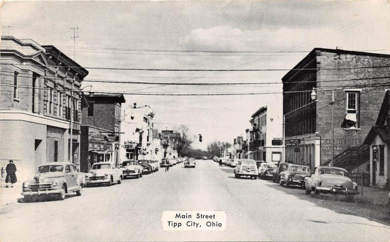 E36/ Tipp City Ohio Postcard 1954 Main Street Autos Stores Busy