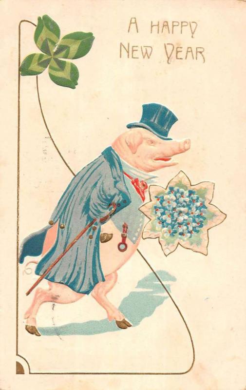 Happy New Year Dressed Pig Four Leaf Clover Antique Postcard K78492