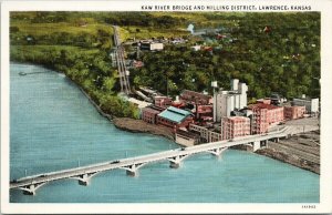 Lawrence Kansas Kaw River Bridge & Milling District Unused CurtTeich Postcard H8