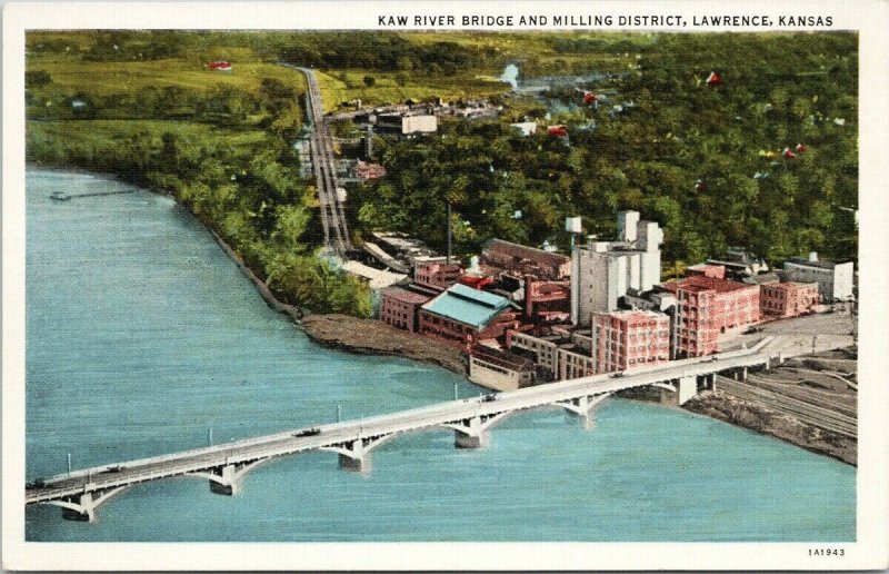 Lawrence Kansas Kaw River Bridge & Milling District Unused CurtTeich Postcard H8 