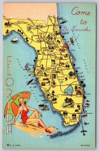 Florida State Map Showing Points Of Interest And Major Routes, Linen Postcard