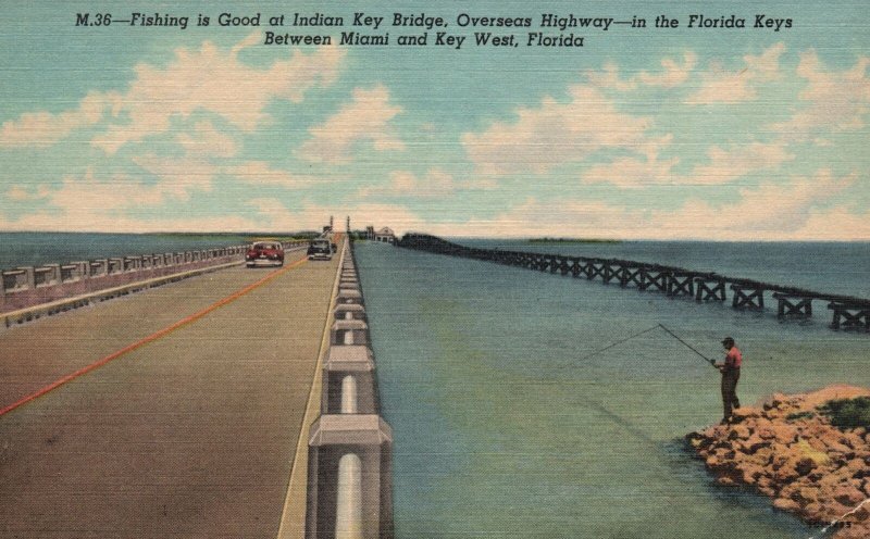 Vintage Postcard Fishing at Indian Key Bridge Overseas Highway Key West Florida