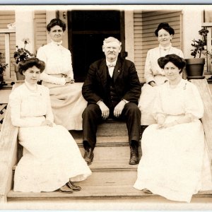 c1910s Gentleman House Porch Steps 4 Elegant Ladies RPPC Sharp Real Photo A143