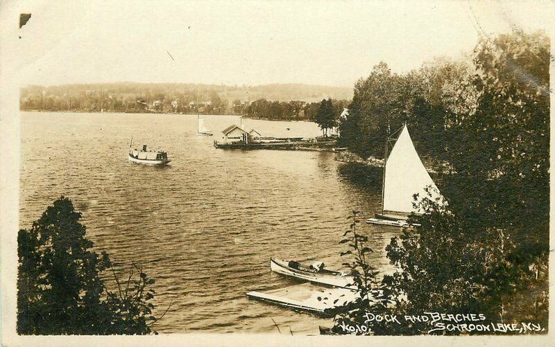 Boats C-1910 Dock Beaches Schroon Lake New York RPPC Photo Postcard 11113