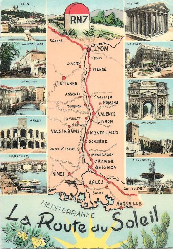 France la route du soleil Lyon - Marseille map semi-modern photo postcard