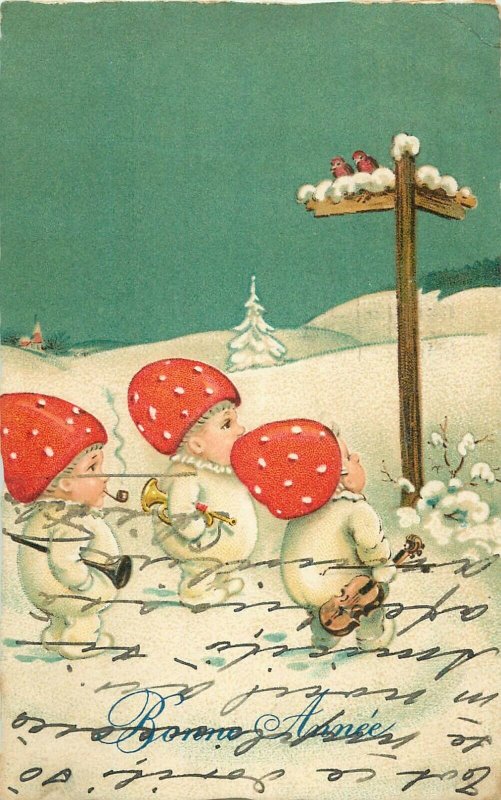 new year humour dwarfs children caricature mushroom birds pipe musical gnomes