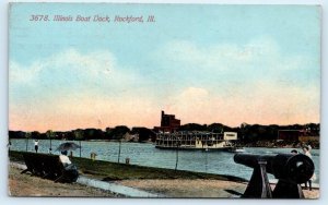 ROCKFORD, IL ~ ILLINOIS BOAT DOCK & Steamboat  c1910s Winnebago County  Postcard