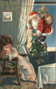 Christmas - Santa Claus Comes Thru Window Girl Sleeping c1910 Postcard