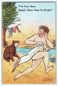 c1930's Brown Bear Woman Bathing Undressed At The Beach Vintage Postcard