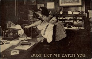 Office Humor Women Fighting Over Boss Antique Typewriter c1910 Postcard
